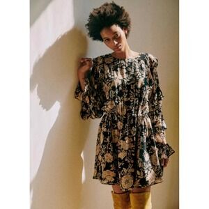 SEZANE LALI DRESS BLACK FLORAL PRINT SIZE 40 US 10 Ruffles Boho Party Festival